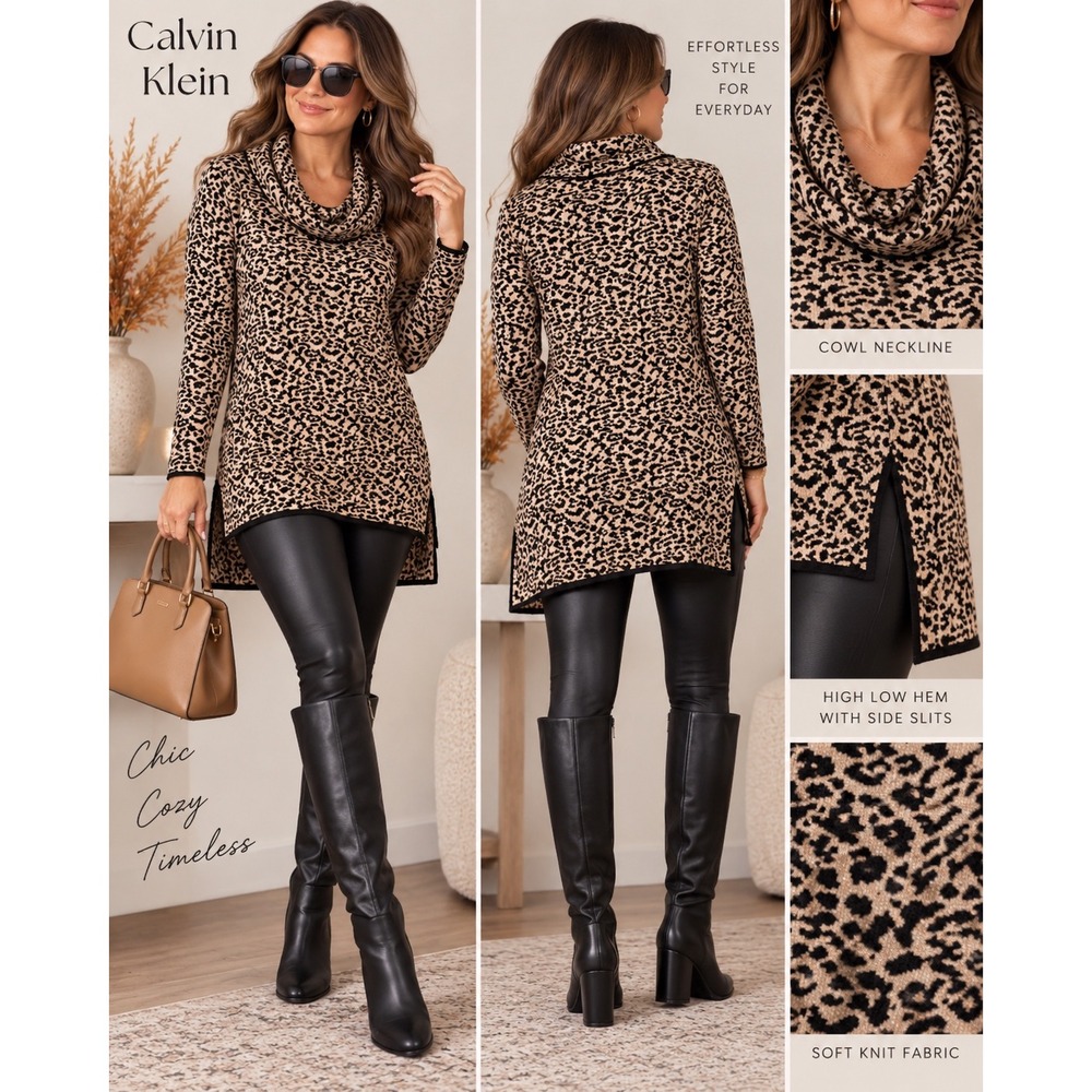 Calvin Klein Womens Leopard Print Cowl Neck Tunic Sweater Tan Black Size M